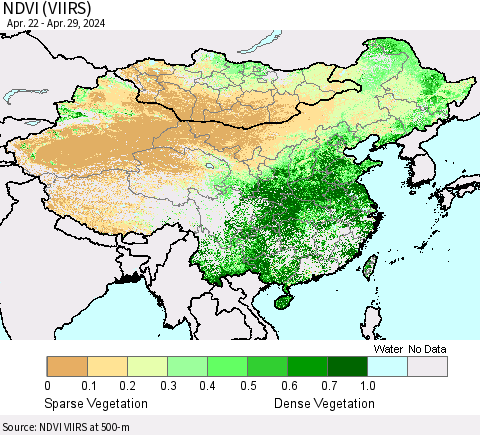 China, Mongolia and Taiwan NDVI (VIIRS) Thematic Map For 4/22/2024 - 4/29/2024