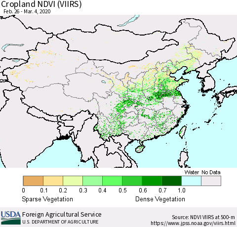 China and Taiwan Cropland NDVI (VIIRS) Thematic Map For 3/1/2020 - 3/10/2020