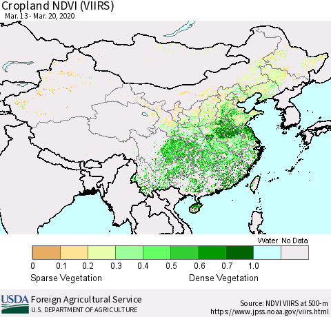 China, Mongolia and Taiwan Cropland NDVI (VIIRS) Thematic Map For 3/11/2020 - 3/20/2020