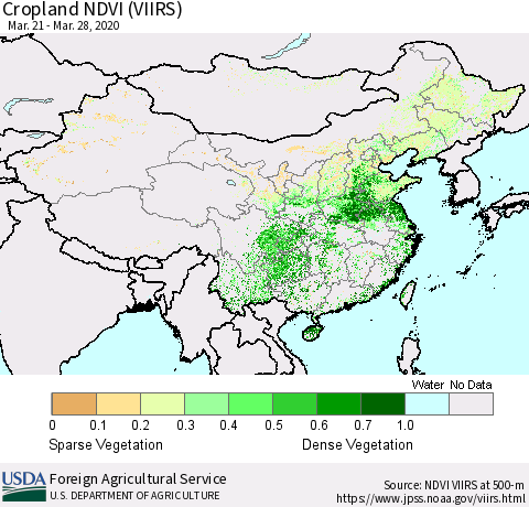 China and Taiwan Cropland NDVI (VIIRS) Thematic Map For 3/21/2020 - 3/31/2020