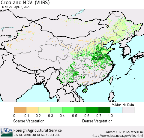 China, Mongolia and Taiwan Cropland NDVI (VIIRS) Thematic Map For 4/1/2020 - 4/10/2020