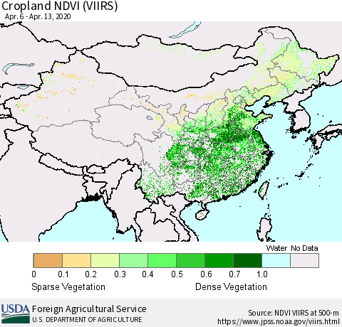 China and Taiwan Cropland NDVI (VIIRS) Thematic Map For 4/11/2020 - 4/20/2020