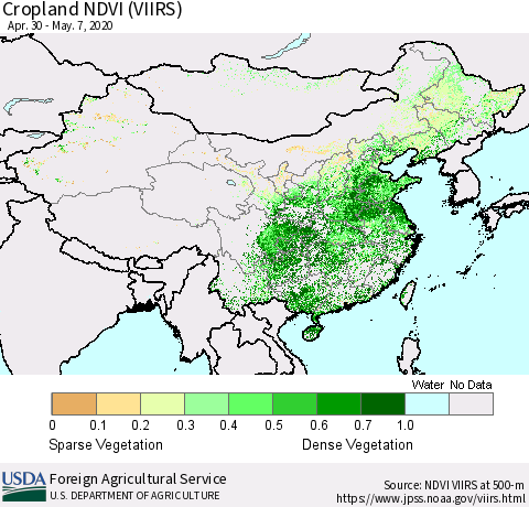 China and Taiwan Cropland NDVI (VIIRS) Thematic Map For 5/1/2020 - 5/10/2020
