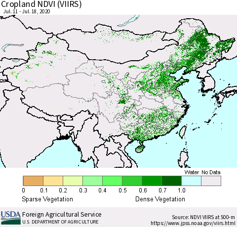 China and Taiwan Cropland NDVI (VIIRS) Thematic Map For 7/11/2020 - 7/20/2020