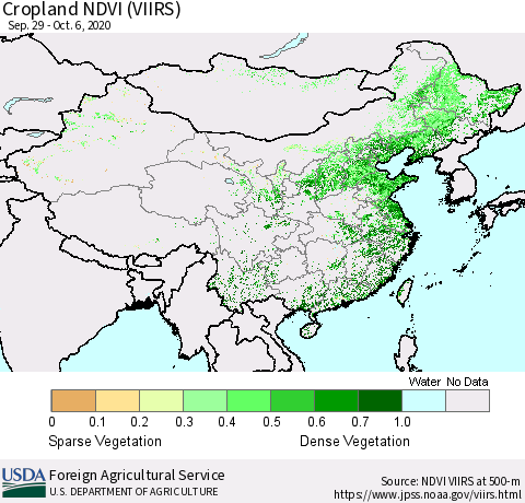 China and Taiwan Cropland NDVI (VIIRS) Thematic Map For 10/1/2020 - 10/10/2020