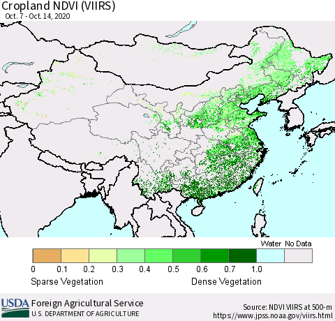 China and Taiwan Cropland NDVI (VIIRS) Thematic Map For 10/11/2020 - 10/20/2020