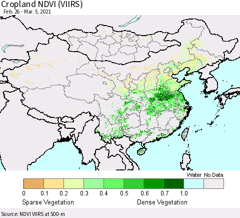 China, Mongolia and Taiwan Cropland NDVI (VIIRS) Thematic Map For 2/26/2021 - 3/5/2021