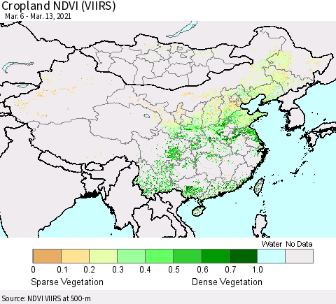 China, Mongolia and Taiwan Cropland NDVI (VIIRS) Thematic Map For 3/6/2021 - 3/13/2021