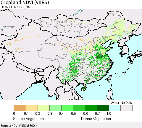 China, Mongolia and Taiwan Cropland NDVI (VIIRS) Thematic Map For 3/14/2021 - 3/21/2021
