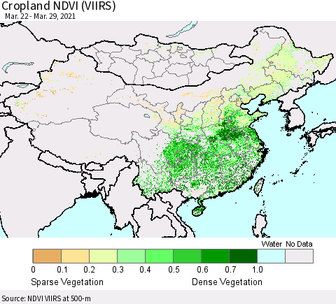 China, Mongolia and Taiwan Cropland NDVI (VIIRS) Thematic Map For 3/22/2021 - 3/29/2021