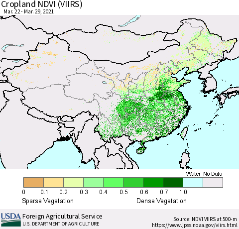 China and Taiwan Cropland NDVI (VIIRS) Thematic Map For 3/21/2021 - 3/31/2021