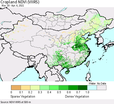 China, Mongolia and Taiwan Cropland NDVI (VIIRS) Thematic Map For 3/30/2021 - 4/6/2021
