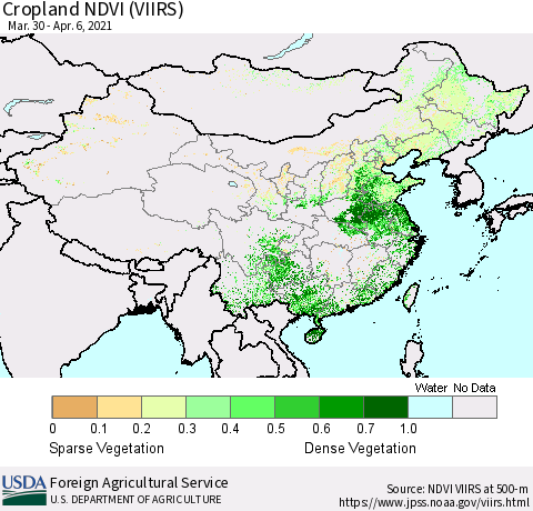 China and Taiwan Cropland NDVI (VIIRS) Thematic Map For 4/1/2021 - 4/10/2021