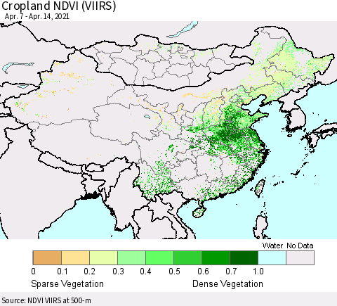 China, Mongolia and Taiwan Cropland NDVI (VIIRS) Thematic Map For 4/7/2021 - 4/14/2021