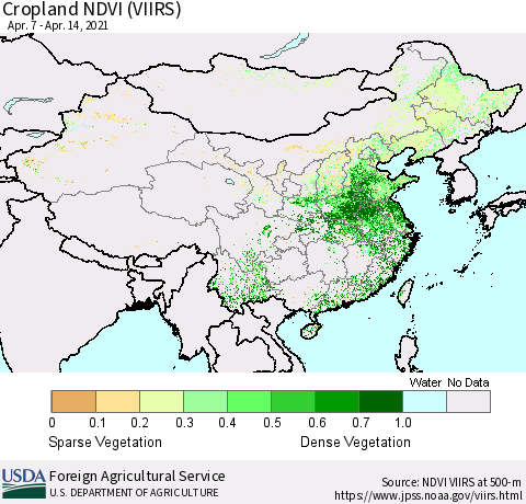 China and Taiwan Cropland NDVI (VIIRS) Thematic Map For 4/11/2021 - 4/20/2021