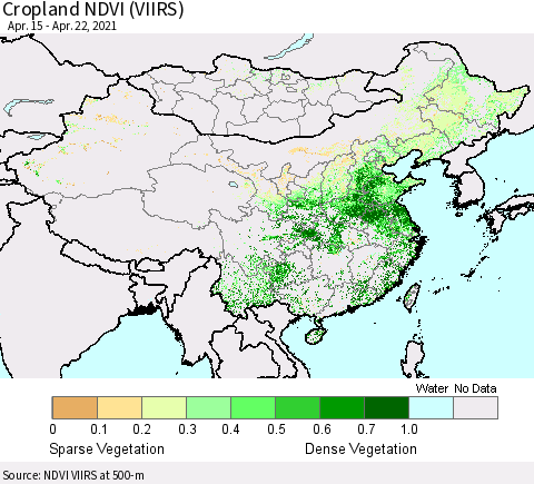 China, Mongolia and Taiwan Cropland NDVI (VIIRS) Thematic Map For 4/15/2021 - 4/22/2021