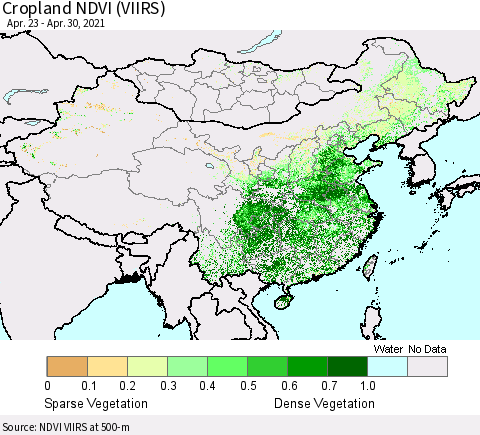China and Taiwan Cropland NDVI (VIIRS) Thematic Map For 4/21/2021 - 4/30/2021