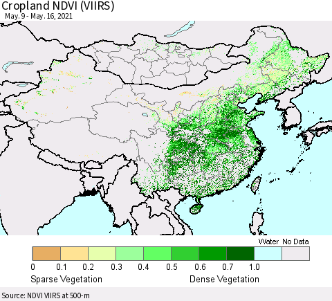 China, Mongolia and Taiwan Cropland NDVI (VIIRS) Thematic Map For 5/9/2021 - 5/16/2021