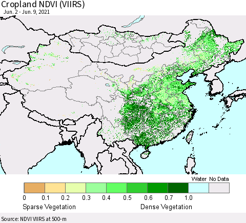 China, Mongolia and Taiwan Cropland NDVI (VIIRS) Thematic Map For 6/2/2021 - 6/9/2021