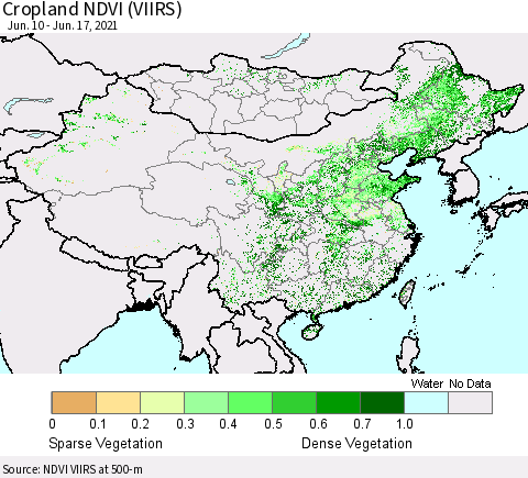 China, Mongolia and Taiwan Cropland NDVI (VIIRS) Thematic Map For 6/10/2021 - 6/17/2021