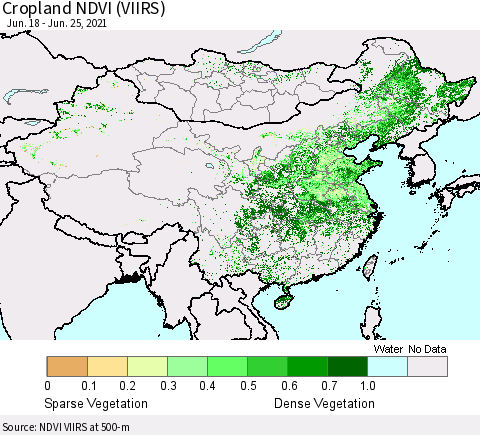 China, Mongolia and Taiwan Cropland NDVI (VIIRS) Thematic Map For 6/18/2021 - 6/25/2021