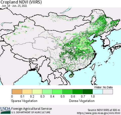 China and Taiwan Cropland NDVI (VIIRS) Thematic Map For 6/21/2021 - 6/30/2021