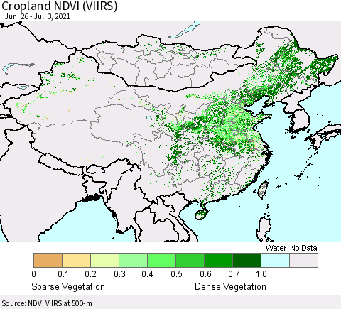 China, Mongolia and Taiwan Cropland NDVI (VIIRS) Thematic Map For 6/26/2021 - 7/3/2021