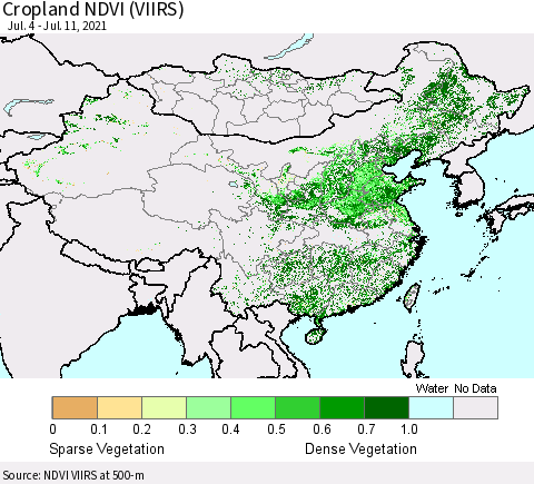 China, Mongolia and Taiwan Cropland NDVI (VIIRS) Thematic Map For 7/4/2021 - 7/11/2021