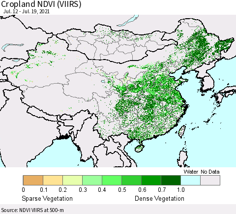 China, Mongolia and Taiwan Cropland NDVI (VIIRS) Thematic Map For 7/12/2021 - 7/19/2021