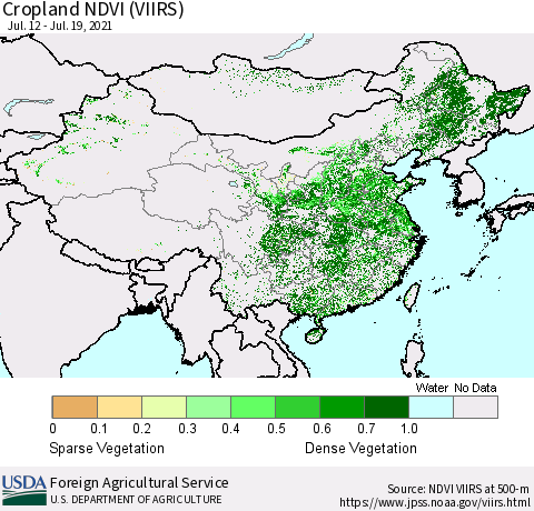 China and Taiwan Cropland NDVI (VIIRS) Thematic Map For 7/11/2021 - 7/20/2021