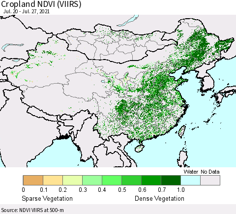 China, Mongolia and Taiwan Cropland NDVI (VIIRS) Thematic Map For 7/20/2021 - 7/27/2021