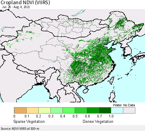 China, Mongolia and Taiwan Cropland NDVI (VIIRS) Thematic Map For 7/28/2021 - 8/4/2021