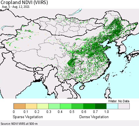China, Mongolia and Taiwan Cropland NDVI (VIIRS) Thematic Map For 8/5/2021 - 8/12/2021