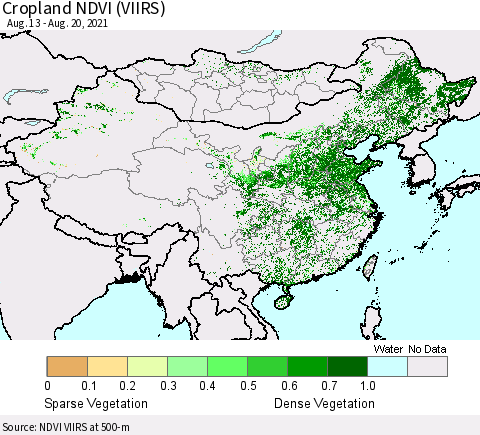 China, Mongolia and Taiwan Cropland NDVI (VIIRS) Thematic Map For 8/13/2021 - 8/20/2021