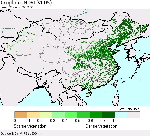 China, Mongolia and Taiwan Cropland NDVI (VIIRS) Thematic Map For 8/21/2021 - 8/28/2021