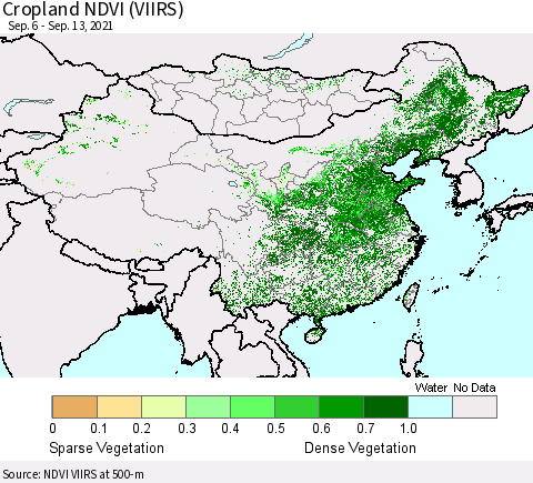 China, Mongolia and Taiwan Cropland NDVI (VIIRS) Thematic Map For 9/6/2021 - 9/13/2021