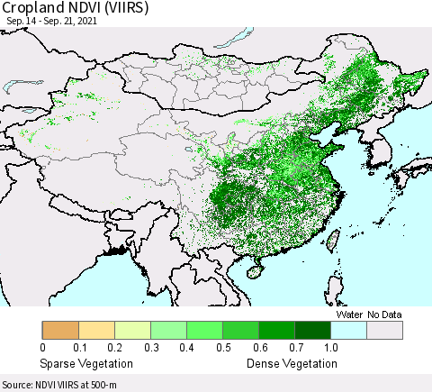 China, Mongolia and Taiwan Cropland NDVI (VIIRS) Thematic Map For 9/14/2021 - 9/21/2021