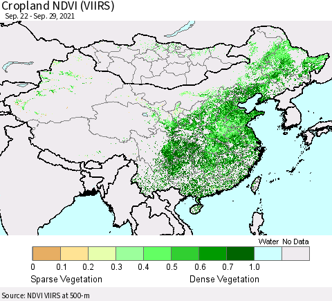 China, Mongolia and Taiwan Cropland NDVI (VIIRS) Thematic Map For 9/22/2021 - 9/29/2021