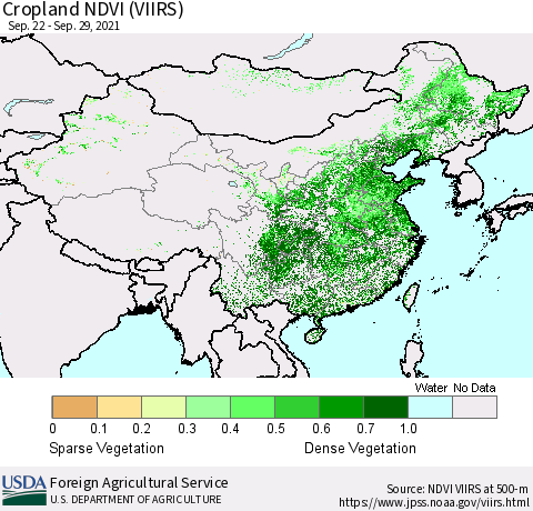 China and Taiwan Cropland NDVI (VIIRS) Thematic Map For 9/21/2021 - 9/30/2021