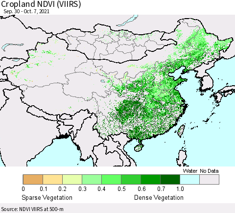 China, Mongolia and Taiwan Cropland NDVI (VIIRS) Thematic Map For 9/30/2021 - 10/7/2021