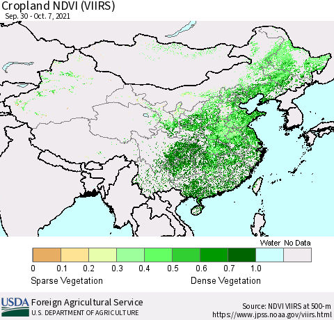 China and Taiwan Cropland NDVI (VIIRS) Thematic Map For 10/1/2021 - 10/10/2021