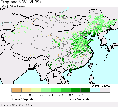 China, Mongolia and Taiwan Cropland NDVI (VIIRS) Thematic Map For 10/8/2021 - 10/15/2021