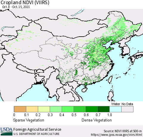 China and Taiwan Cropland NDVI (VIIRS) Thematic Map For 10/11/2021 - 10/20/2021