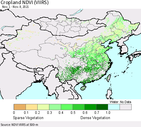 China, Mongolia and Taiwan Cropland NDVI (VIIRS) Thematic Map For 11/1/2021 - 11/8/2021