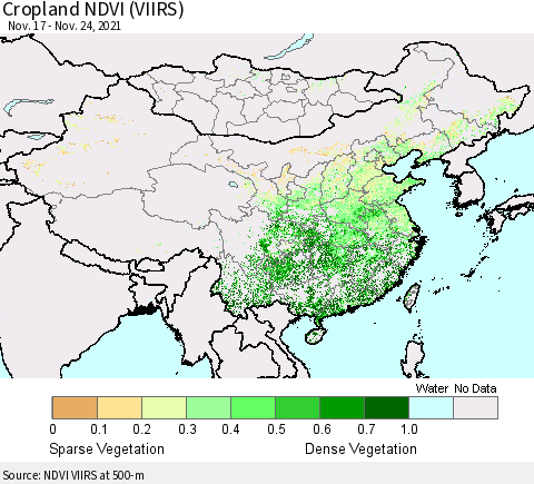 China, Mongolia and Taiwan Cropland NDVI (VIIRS) Thematic Map For 11/17/2021 - 11/24/2021