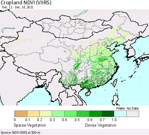 China, Mongolia and Taiwan Cropland NDVI (VIIRS) Thematic Map For 12/11/2021 - 12/18/2021