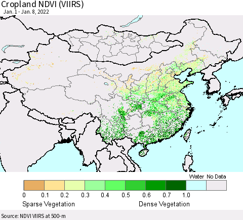 China, Mongolia and Taiwan Cropland NDVI (VIIRS) Thematic Map For 1/1/2022 - 1/8/2022