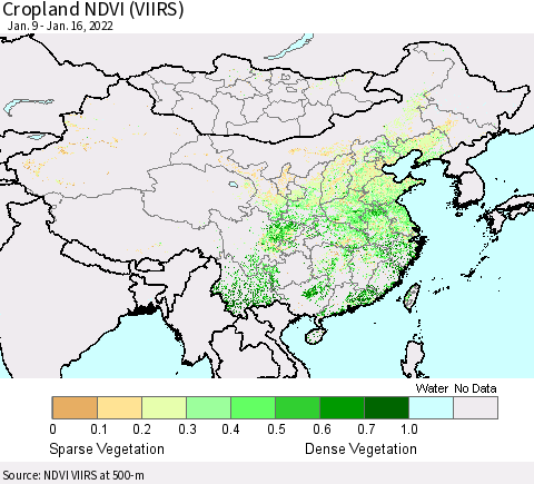 China, Mongolia and Taiwan Cropland NDVI (VIIRS) Thematic Map For 1/9/2022 - 1/16/2022