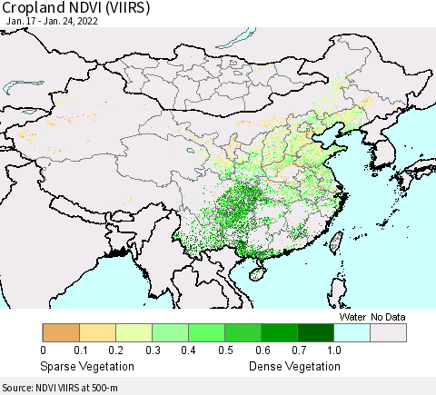 China, Mongolia and Taiwan Cropland NDVI (VIIRS) Thematic Map For 1/17/2022 - 1/24/2022
