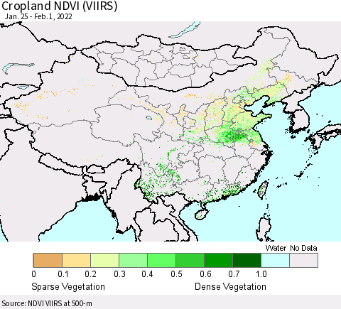 China, Mongolia and Taiwan Cropland NDVI (VIIRS) Thematic Map For 1/25/2022 - 2/1/2022